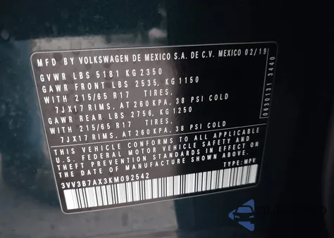 2019 Volkswagen Tiguan 2.0T Se/2.0T Sel/2.0T Sel R-Line/2.0T Sel R-Line Black из США, поврежденный, VIN 3VV3B7AX3KM092542